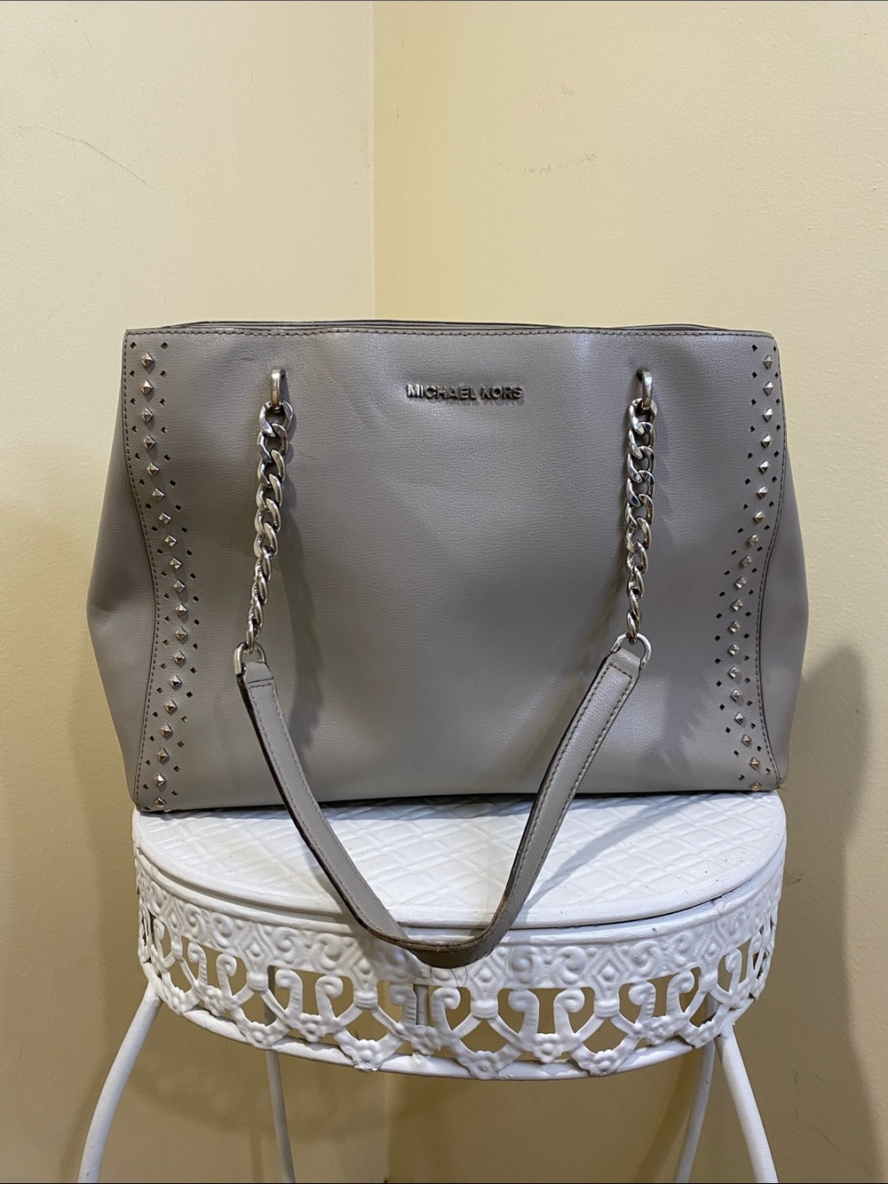 Michael Kors Light Gray Studded Shoulder Tote